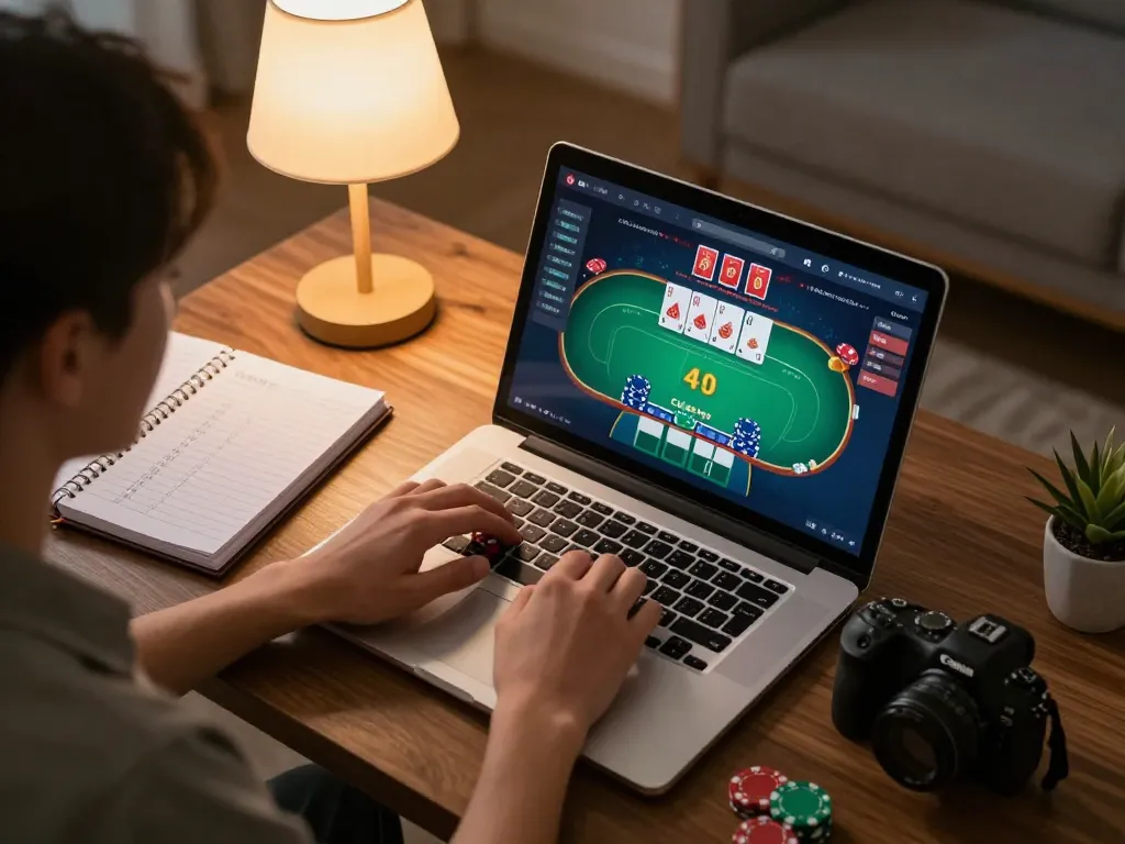Engaging online gaming setup with sunwin poker game on screen, showcasing strategic betting atmosphere.