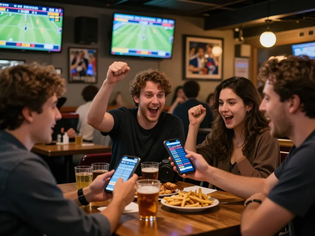 Fans placing bets on mobile apps at ALO8 sports bar, enjoying the exciting atmosphere.