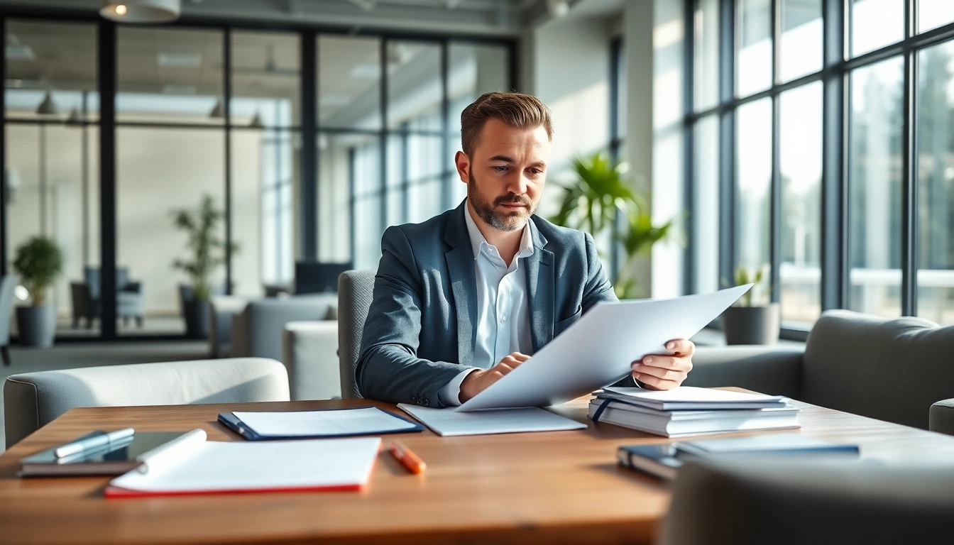 Consultant managing contracts and grants in a modern office with organized paperwork.