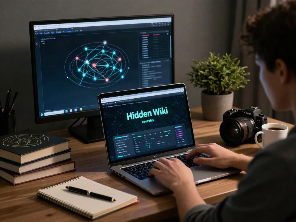 Person researching the hidden wiki in a cybersecurity workspace