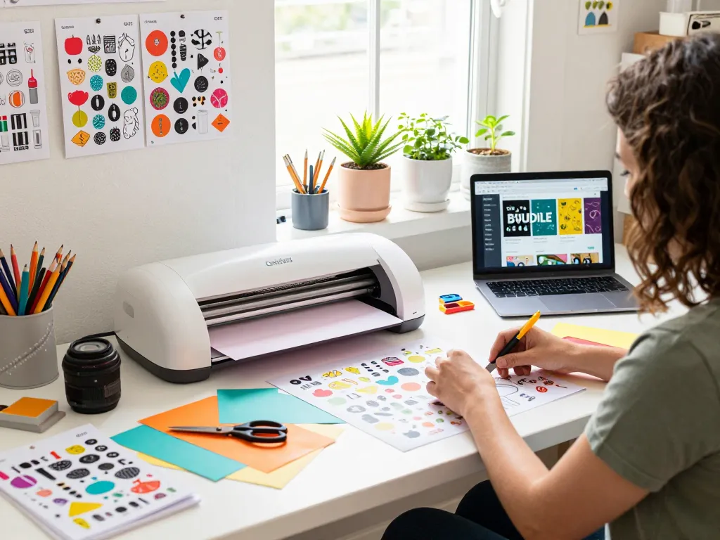 Cricut SVG bundle workspace with colorful designs, craft supplies, and a cutting machine for creative projects.