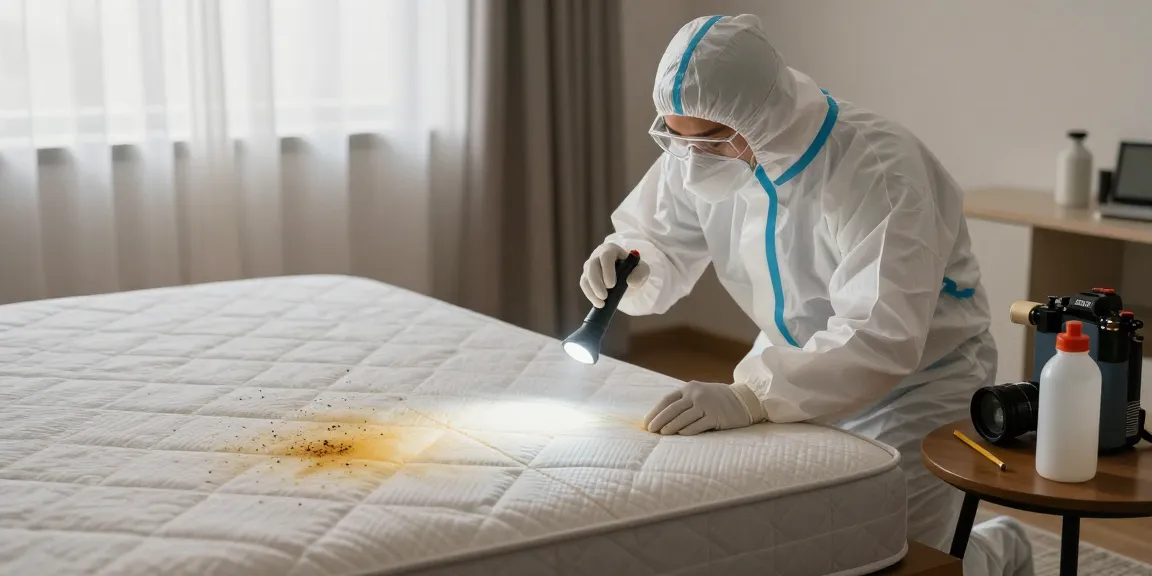Bed bug treatment process in a bedroom with a professional inspecting for pests.