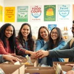College volunteering initiative where students assist in packing food boxes at a local food bank.