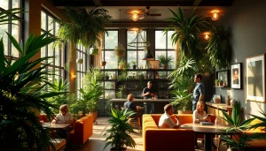 Relaxed patrons gather at the Weed Club Madrid, creating a welcoming atmosphere with lush decor.