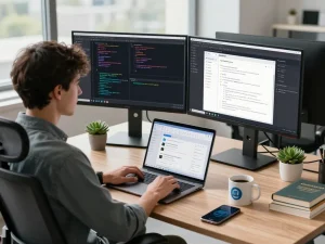 Moltbot AI showcased in a modern tech workspace with coding and productivity tools