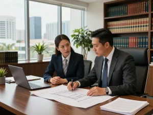 Boca Raton Construction Litigation Lawyer consulting with a contractor over blueprints in a professional law office.