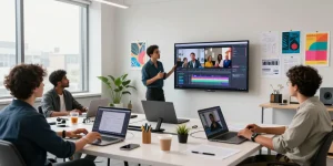 AI Seedance 2.0 video creators collaborating in a modern workspace showcasing advanced video production technology.