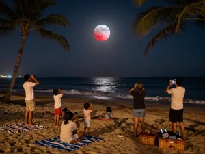 Total lunar eclipse viewed by stargazers on a serene beach, capturing the blood moon and night sky.
