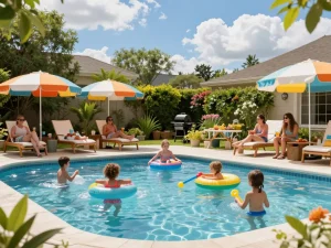 Dolphin Pool Services provides expert care for your pool, showcased in a vibrant family gathering by a sparkling pool.