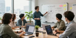 Developers collaborating on open claw skill in modern office setting, illustrating innovation and teamwork.