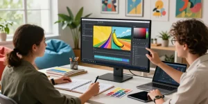 Designer using Nano Banana Pro in creative workspace with vibrant visuals