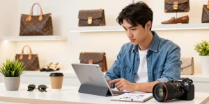 Stylish young adult exploring luxury 레플리카 products in a modern e-commerce store atmosphere.