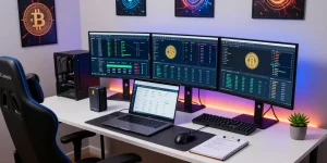 Bitcoin mining software displayed on multiple monitors in a modern home office with secure hardware wallet, showcasing a professional setup for cryptocurrency enthusiasts.