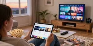 Enjoying the Pikashow app for movies and sports in a cozy living room setting.