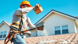 Dynamic scene showcasing a roof insulation removal company worker safely removing materials from a residential roof.