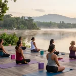 Yoga teacher training Sri Lanka outdoor session at Koggala Lake with students practicing poses.