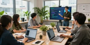 Engaging team discussing Crush on AI features in a modern workspace.