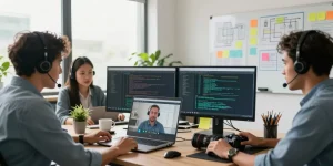 Telus-Technical-Support team assisting customers with technical issues at a modern office