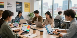 Apply job notifications pop up as diverse job seekers collaborate in a vibrant co-working space.