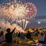Exciting family gathering watching fireworks in the UK sky celebrating occasions.
