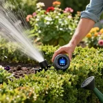 Homeowner configuring a rainpoint sprinkler timer in a blooming garden to enhance water efficiency.