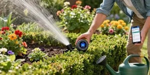 Homeowner configuring a rainpoint sprinkler timer in a blooming garden to enhance water efficiency.