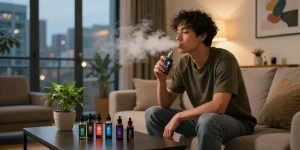 Vaping enthusiast enjoying 電子煙油 in a cozy urban apartment with city views.