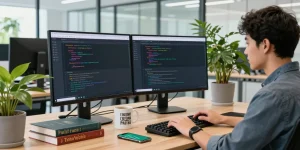 Developer engaging with WhatsApp網頁版 in a modern workspace environment.