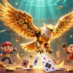 Situs LUXURY777 menampilkan ilustrasi kasino dengan burung elang kuningan yang menyelam di antara kartu bermain holografik, elemen permainan uang, dan koin emas.
