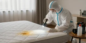 Bed bug treatment process in a bedroom with a professional inspecting for pests.