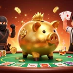 soikeo sports betting scene featuring a golden piggy bank wrestler and a wallet ninja