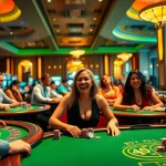 Menampilkan suasana apik KUY4D Casino dengan pemain bersemangat di meja permainan kartu.