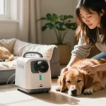 Pet owner using 寵物氧氣機 租用 in cozy home environment to care for a resting dog.