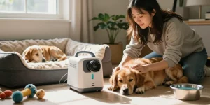 Pet owner using 寵物氧氣機 租用 in cozy home environment to care for a resting dog.