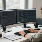 Developer working on the 纸飞机中文版 application in a modern workspace with multiple screens and a vibrant atmosphere.