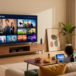 Family streaming content on Smart TV with Iron TV Pro in cozy living room.