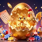 Experience the vibrant energy of red88 as a golden dragon emerges from a cracking egg amidst casino fun!