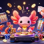 Slot gacor di 222slot dengan DJ axolotl neon dan kerumunan cepat menyebarkan koin emas dalam adegan meriah.
