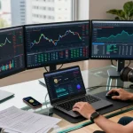 Stellar lumens price prediction trading setup with cryptocurrency charts and digital wallet.