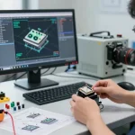 Technician testing piezo switches with tools in a modern industrial workspace.