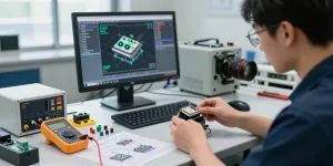 Technician testing piezo switches with tools in a modern industrial workspace.