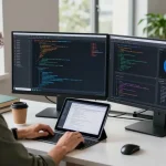 Professional workspace showcasing 截图软件 in use with dual monitors, coffee, and design materials.