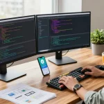 纸飞机中文版 features showcased in a modern workspace of a software developer, with screens displaying coding and Telegram notifications.