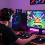Exciting gaming experience featuring Slot Scatter Hitam on a high-end gaming setup, showcasing vibrant graphics and engaging atmosphere.