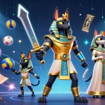 A dynamic scene showcasing agen judi bola with an Egyptian warrior, sports balls, and glowing elements.