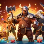 Jouez au casino en ligne avec cette illustration captivante mettant en scène un ours viking et un aigle valkyrie.