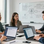 Team of IT professionals discussing the cyber essentials questionnaire in a modern office setting to enhance cybersecurity compliance.