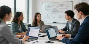 Team of IT professionals discussing the cyber essentials questionnaire in a modern office setting to enhance cybersecurity compliance.