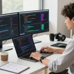 Productive workspace scene with a programmer focused on coding telegraimin.com on dual screens, surrounded by high-tech gadgets and a motivating atmosphere.