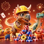 Slot online: Memperlihatkan triceratops membangun tumpukan chip poker yang dikelilingi elemen permainan menarik.